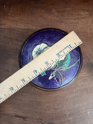 Brass enameled purple floral trinket box