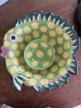 2 hand crafted pottery bowls fish + round