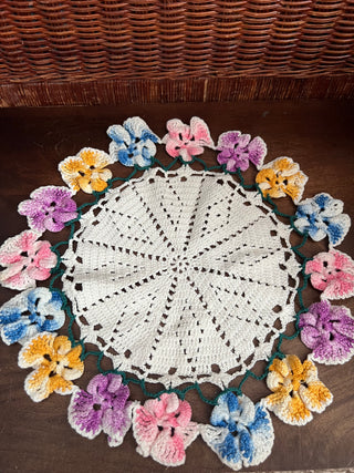Vintage crochet pansy bouquet doily