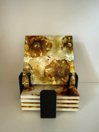 Gold Toned Coaster, 4x4 Set of 5 w/holder