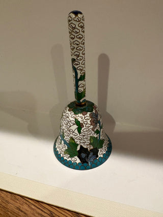Vtg. Chinese Cloisonné Hand Bell, floral patter, enamel & brass 4.5"