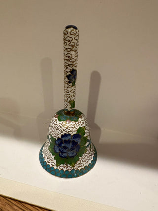 Vtg. Chinese Cloisonné Hand Bell, floral patter, enamel & brass 4.5"