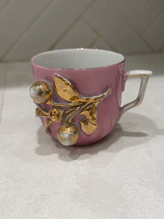 Vintage Pink Lusterware Teacup & Saucer Set – Raised Gold Cherry Botanical Motif