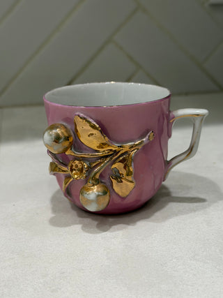 Vintage Pink Lusterware Teacup & Saucer Set – Raised Gold Cherry Botanical Motif