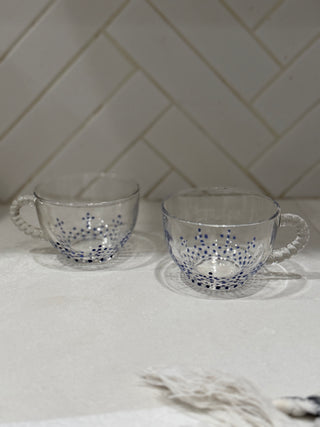 Vintage Hand-Painted Blue Dotted Starburst Glass Punch Cups – Set of 2 Clear Glass Mugs with Twisted Handle