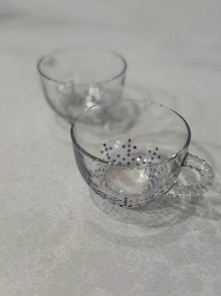 Vintage Hand-Painted Blue Dotted Starburst Glass Punch Cups – Set of 2 Clear Glass Mugs with Twisted Handle
