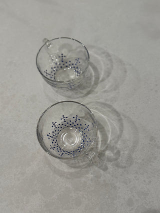 Vintage Hand-Painted Blue Dotted Starburst Glass Punch Cups – Set of 2 Clear Glass Mugs with Twisted Handle