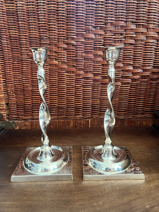Silver plate twist candle stick holders pair