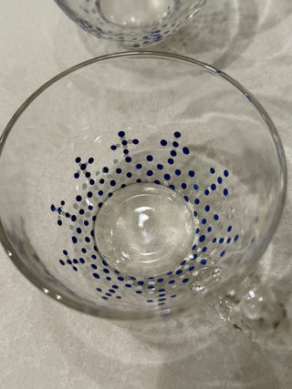 Vintage Hand-Painted Blue Dotted Starburst Glass Punch Cups – Set of 2 Clear Glass Mugs with Twisted Handle