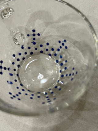 Vintage Hand-Painted Blue Dotted Starburst Glass Punch Cups – Set of 2 Clear Glass Mugs with Twisted Handle