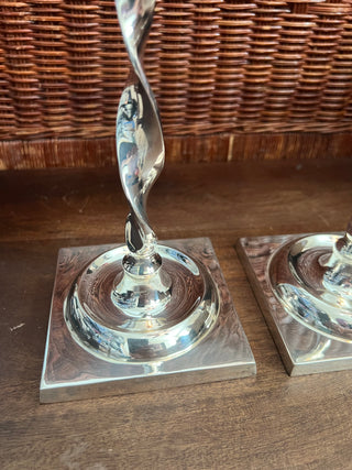 Silver plate twist candle stick holders pair