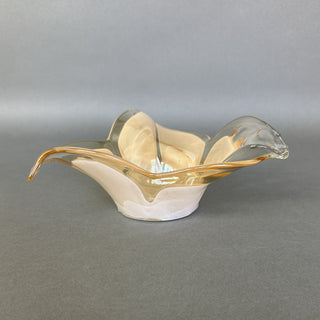 Amber & Clear Art Glass Trefoil Bowl — Three-Lobed Lily Dish, Murano Style