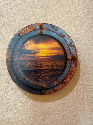 Solid wood "Porthole Sunset" wall art