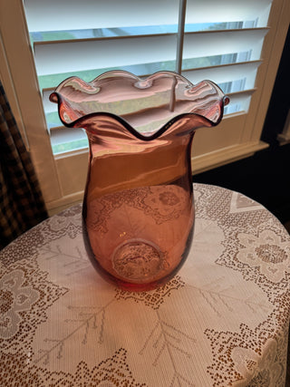 Vintage Peach Colored Glass Vase with Ruffled top