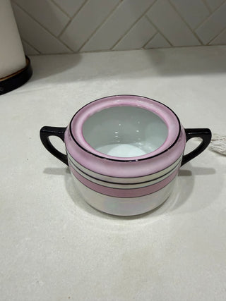 Set of Vintage Art Deco Pink Lusterware Creamer & Lidded Sugar Bowl Set – Black Trim (c. 1930s)