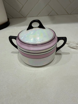 Set of Vintage Art Deco Pink Lusterware Creamer & Lidded Sugar Bowl Set – Black Trim (c. 1930s)