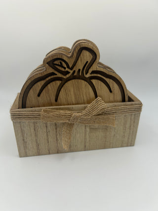 Wood Pumpkin Coaster Set in Holder