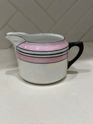 Set of Vintage Art Deco Pink Lusterware Creamer & Lidded Sugar Bowl Set – Black Trim (c. 1930s)