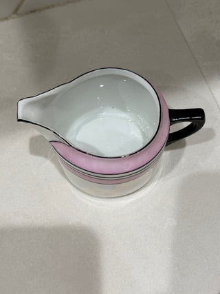 Set of Vintage Art Deco Pink Lusterware Creamer & Lidded Sugar Bowl Set – Black Trim (c. 1930s)
