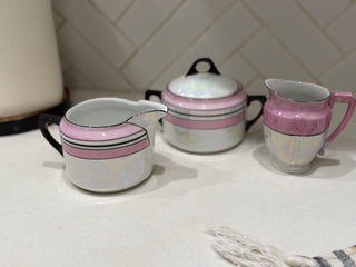 Set of Vintage Art Deco Pink Lusterware Creamer & Lidded Sugar Bowl Set – Black Trim (c. 1930s)