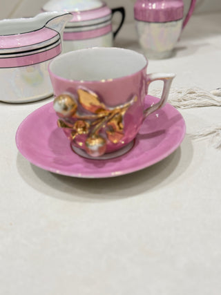 Vintage Pink Lusterware Teacup & Saucer Set – Raised Gold Cherry Botanical Motif