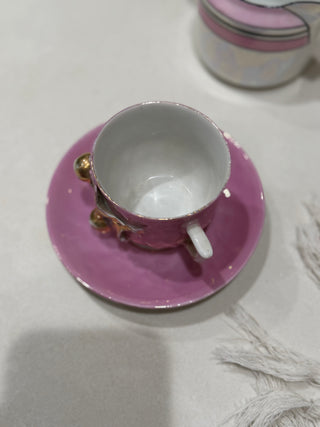 Vintage Pink Lusterware Teacup & Saucer Set – Raised Gold Cherry Botanical Motif
