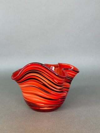 Hand Blown Art Glass Handkerchief Vase Red Orange Black Swirl Murano Style Fazzoletto Trinket Dish