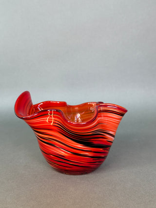 Hand Blown Art Glass Handkerchief Vase Red Orange Black Swirl Murano Style Fazzoletto Trinket Dish