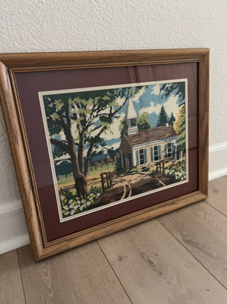 Vintage country chapel framed needlepoint