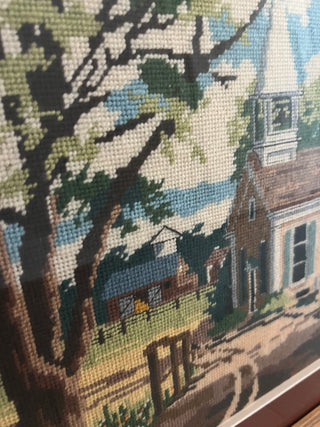 Vintage country chapel framed needlepoint