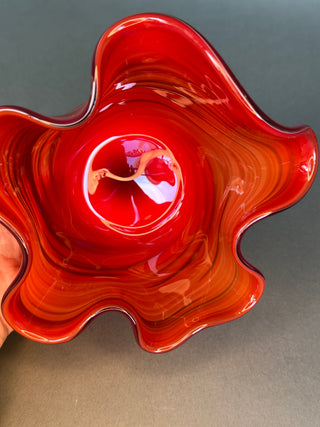 Hand Blown Art Glass Handkerchief Vase Red Orange Black Swirl Murano Style Fazzoletto Trinket Dish