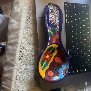 Vintage Mexico Talavera Spoon Rest Colorful Handcrafted Lg 10.5" Size Folk Art