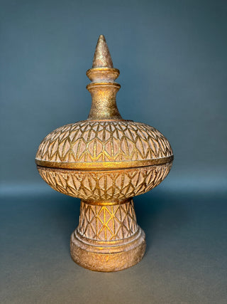 Gilded Temple Urn with Stupa Finial — Carved Lotus Lidded Jar on Pedestal Foot