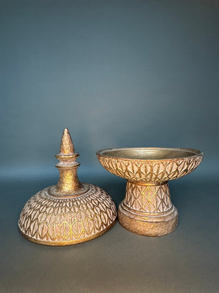 Gilded Temple Urn with Stupa Finial — Carved Lotus Lidded Jar on Pedestal Foot