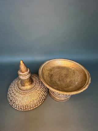 Gilded Temple Urn with Stupa Finial — Carved Lotus Lidded Jar on Pedestal Foot