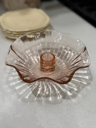 Pink Depression Glass Shell Fluted Taper Candle Holder
