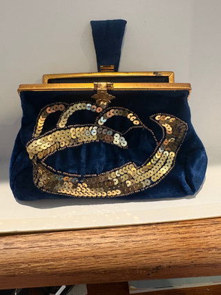 Vtg. (1930-40) Belgian Art Deco Blue Velvet clutch