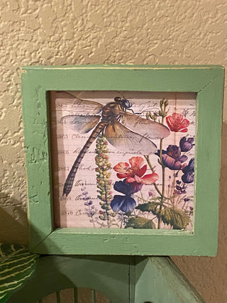 Vtg dragonfly art in shabby wood frame rcd