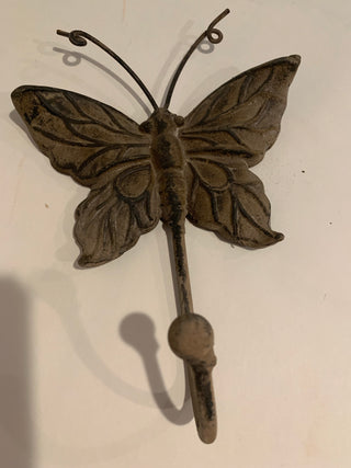 Vntg rustic, cast-iron, wall hook butterfly