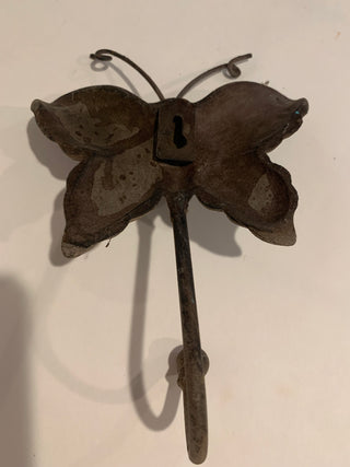 Vntg rustic, cast-iron, wall hook butterfly