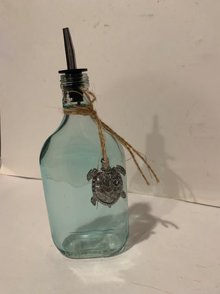 10” green glass bottle w/pewter turtle