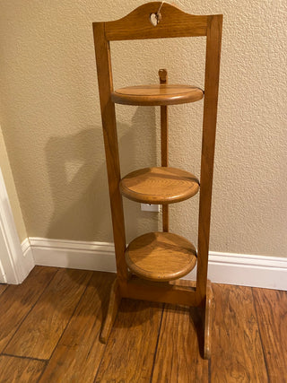 Vtg 3 tiered foldable shelf solid oak