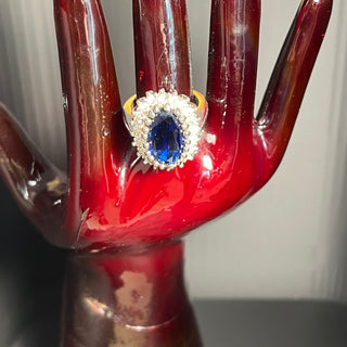 Blue "Sapphire" Cocktail Ring, Size 8 3/4, Silver-tone
