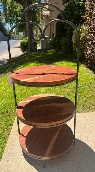 LARGE IRON & WOOD TRIPLE SERVING TRAY