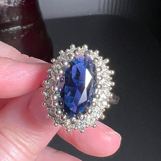 Blue "Sapphire" Cocktail Ring, Size 8 3/4, Silver-tone