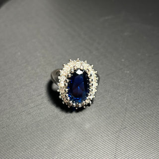 Blue "Sapphire" Cocktail Ring, Size 8 3/4, Silver-tone