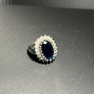 Blue "Sapphire" Cocktail Ring, Size 8 3/4, Silver-tone
