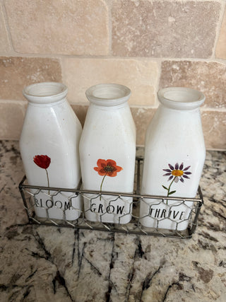 Rae Dunn Bloom Grow Thrive 3 Glass Milk Set