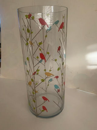 Tall glass vase w/birds on branches 15”