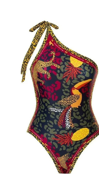 One Shoulder One Piece Bathing Suit Swim Safari Animal Print Size large